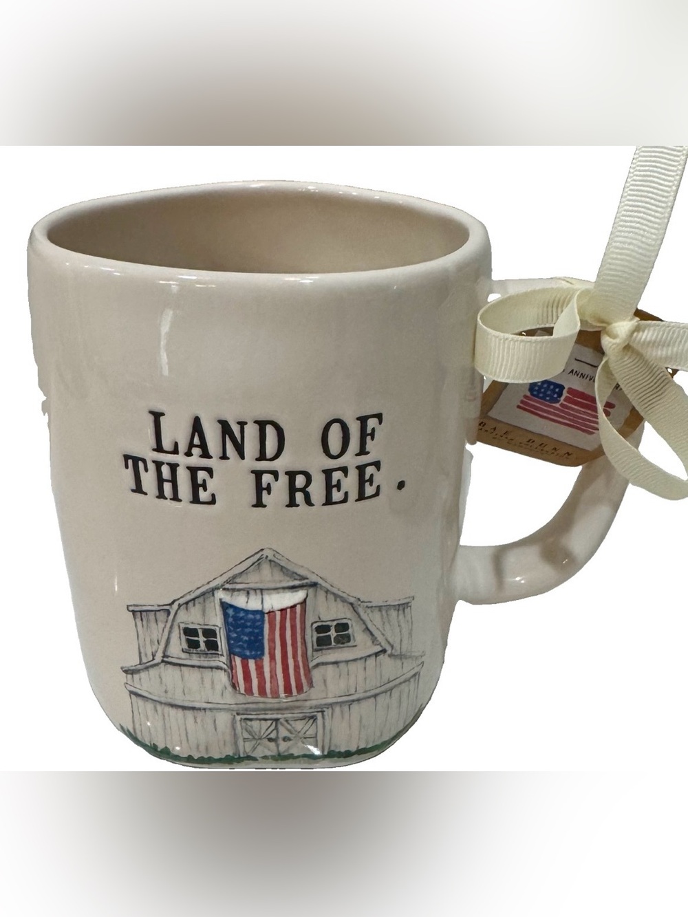 Rae Dunn 4th of July Patriotic Coffee Mug w/Barn & Flag “Land of The Free” New